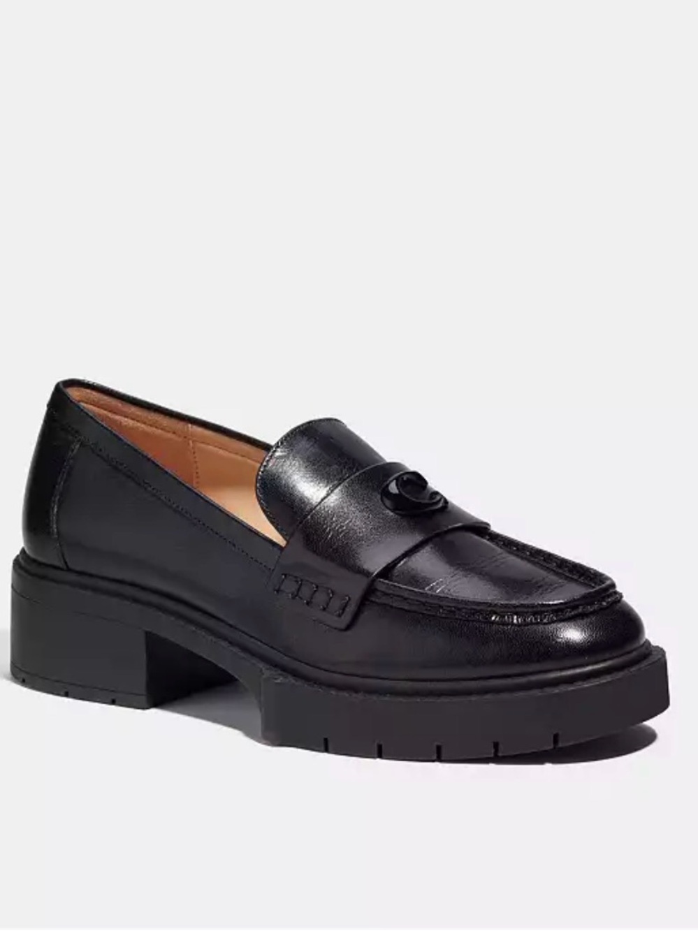 Coach Black Leather Lug-Sole Penny Loafer